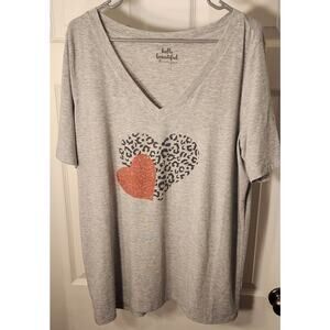 Hello Beautiful Boutique Heart Tee Gray 2X Leopard & Glitter Hearts